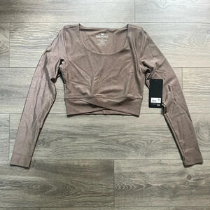NWT 90 Degree by Reflex Ribbed Long Sleeve Light Brown Crop Top Size S Yoga Run